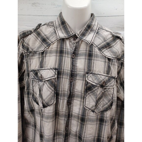 Mens Buckle BKE Shirt Black Label Thick Stitch Cross Embroidery Sz M Gray Plaid - Picture 2 of 11